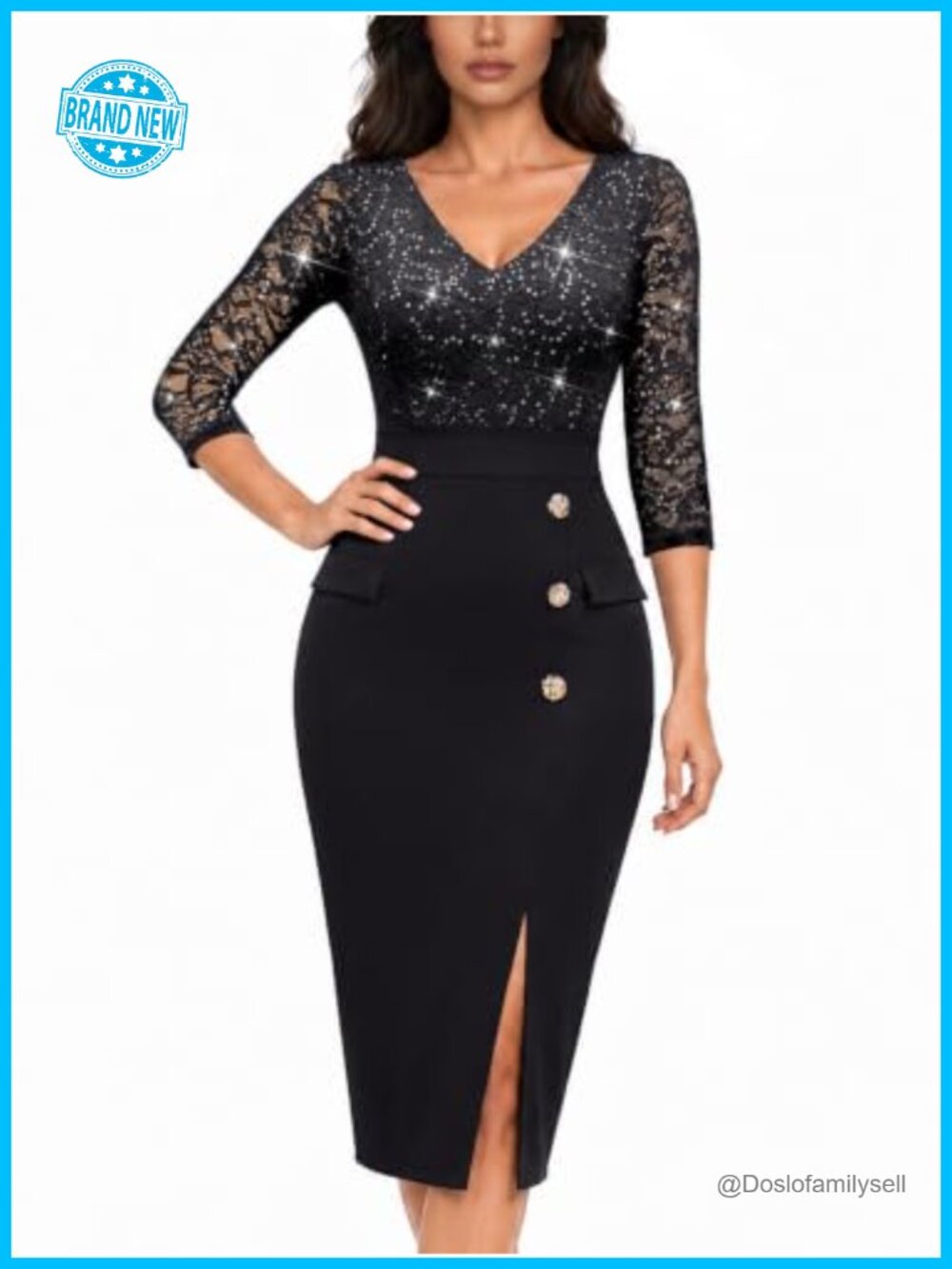 Miusol Vintage V-Neck Sequin Floral Lace Bodycon Midi Cocktail Dress